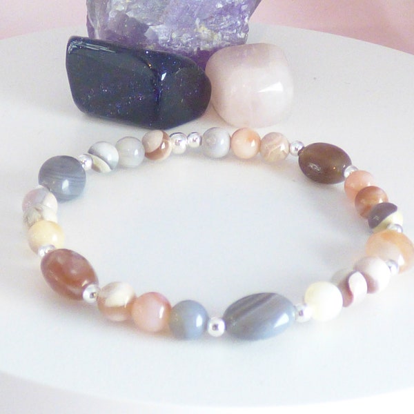 Peach Botswana Agate Bracelet - Natural Agate Stretch Bracelet - Gemstone Stacker Bracelet - Natural Botswana Agate Sterling Silver Bracelet