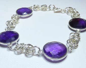 Genuine Amethyst Chainmail Bracelet - February Birthstone Bracelet - Amethyst Stacker Bracelet - Handmade Gift For Her.