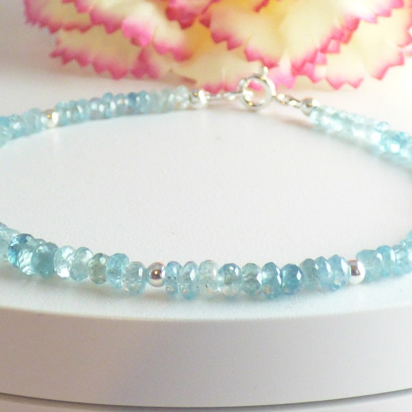Blue Zircon Sterling Silver Bracelet - Zircon Jewellery - Gemstone Stacker Bracelet - Blue Zircon Dainty Bracelet - Gift For Her.