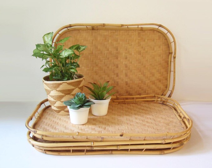 Set of 4 Large Boho Bamboo Rattan Serving Trays / Decorative Etsy