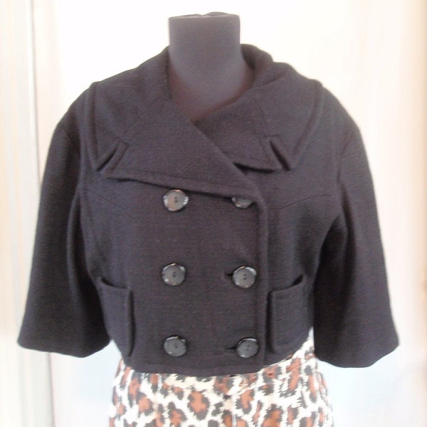 Vintage 50s Black Wool Crop Jacket/ Double Breasted Notched Collar & 3/4 Sleeve/ Rockabilly Pin Up Clothing/ Union Made