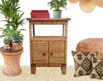 Fantastic Wicker Nightstand Cabinet Shelf Boho Rattan Side Table Tiered Plant Stand Bookcase Display Stand Natural Tiki Bohemian Jungalow