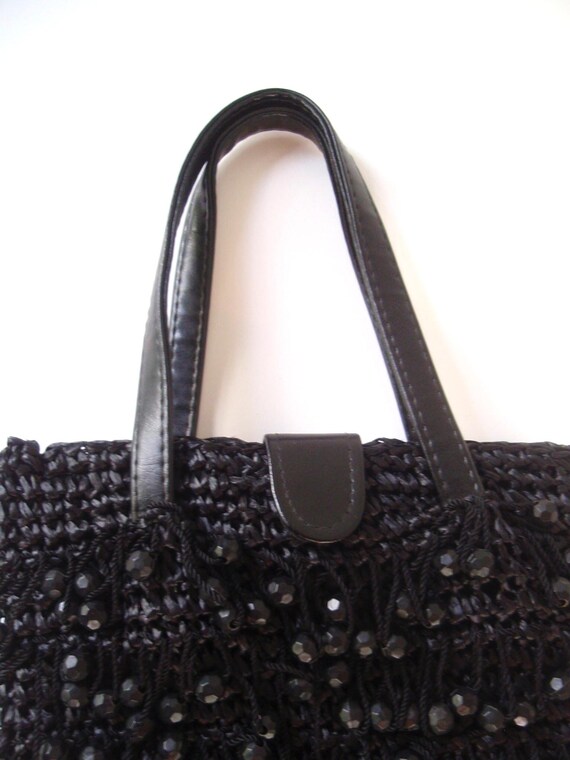 Black Beaded Raffia Handbag Purse 50s 60s Vintage… - image 10