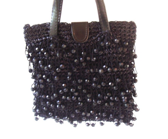 Black Beaded Raffia Handbag Purse 50s 60s Vintage… - image 1