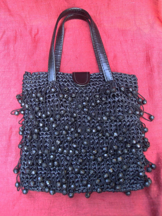 Black Beaded Raffia Handbag Purse 50s 60s Vintage… - image 3