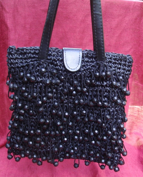 Black Beaded Raffia Handbag Purse 50s 60s Vintage… - image 2