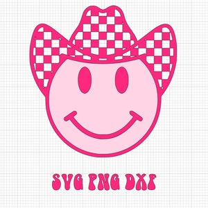 Puede incluir: Cara sonriente rosa con un sombrero de vaquero a cuadros. SVG PNG DXF.
