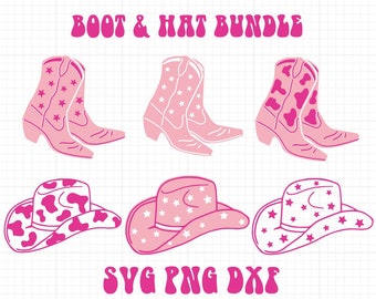 Cowboy Boot & Hat Bundle |SVG DXF PNG| 6 Digital Images Included Disco Cowgirl Space Cowgirl Bachelorette Design Nashville Bachelorette