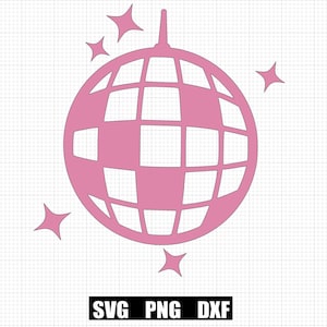 May include: A pink disco ball with a silver spike on top and five small stars around it.