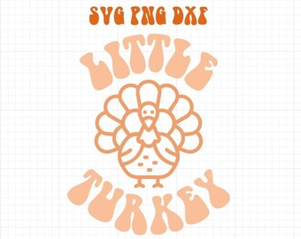 Puede incluir: Un diseño digital con un pavo de dibujos animados con el texto "LITTLE TURKEY" en una fuente retro.