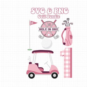 ホールインワンの 1 歳の誕生日のためのピンクのゴルフ SVG と PNG バンドル | 印刷、クリカット、昇華用のインスタント デジタル画像 | 500 DPI
