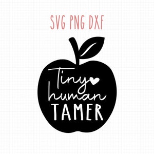 May include: Black and white silhouette of an apple with the text "Tiny human tamer" inside. A small pink heart is above the word "human".