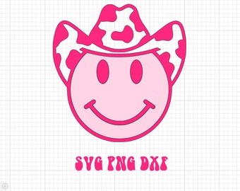 Cow Print Hat Smiley Face SVG PNG DXF Disco Cowboy Smiley Cow Print Cowboy Hat