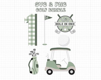 Op de afbeelding: Een groene en witte golf-thema SVG en PNG bundel met een golfkar, golfclubs, een golfbal en een bord met de tekst "1e Hole in One".