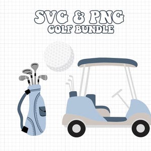 ゴルフ SVG および PNG 画像バンドル | ゴルフ カート、ゴルフ バッグ、ゴルフ ボールの画像 | インスタント デジタル ダウンロード | 500 DPI