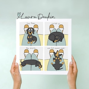 Poses de regazo - Impresión de cómics del Príncipe Salchicha - Diseño de tira cómica de perro salchicha - Amantes de los perros - Póster de bellas artes
