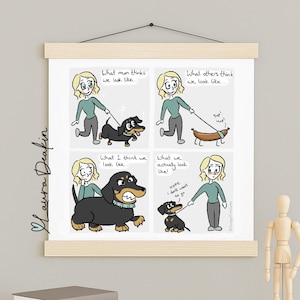 Realidad - Cómics del Príncipe Salchicha - Diseño de Dachshund - Amantes de los perros - Póster premium semibrillante con colgador