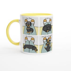 Taza de cómics "Lap Poses" - Príncipe Salchicha - Diseño de perro salchicha - Amantes de los perros - Taza de cerámica blanca de 325 ml