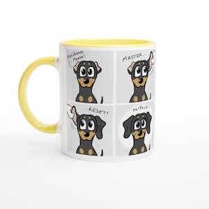 Taza de cómics "Master Reset" - Príncipe Salchicha - Diseño de perro salchicha - Amantes de los perros - Taza de cerámica blanca de 325 ml