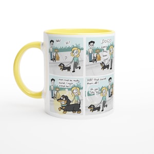 Taza de cerámica blanca de 325 ml con el diseño de "Protección" del Príncipe Salchicha. Diseño de perro salchicha. Amantes de los perros.
