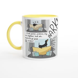 ¡Ladrido! - Taza de cómics del Príncipe Salchicha - Diseño de perro salchicha - Amantes de los perros - Taza de cerámica blanca de 325 ml