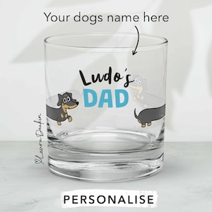 Personalised Sausage Dog Whisky Glass – Custom Name – Dachshund Gift for Dog Dads – Etched Glass Tumbler