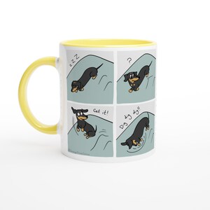 Taza de cerámica blanca de 325 ml con diseño de perro salchicha y cómics del Príncipe Salchicha.