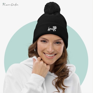 Halloween Dachshund Skeleton Embroidered Beanie with Pom Pom