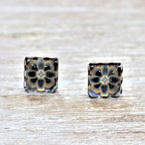 Portuguese Tile Blue Yellow Glass Replica Stud Earrings