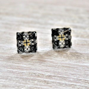 Portuguese Tile Black Yellow White Glass Replica Stud Earrings