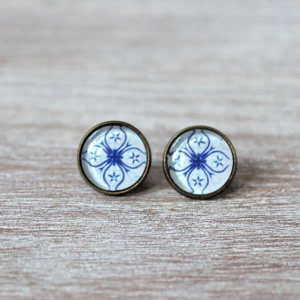 Portuguese Tile Blue Glass Replica Stud Earrings