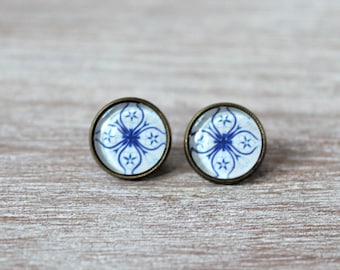 Portuguese Tile Blue Glass Replica Stud Earrings
