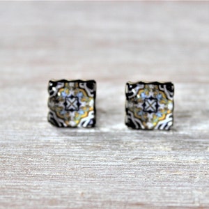 Portuguese Tile Yellow Blue White Glass Replica Stud Earrings