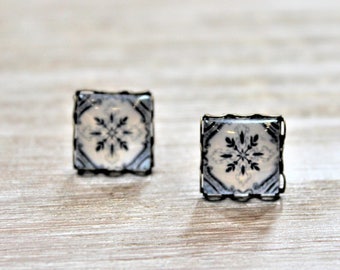 Portuguese Tile Blue White Glass Replica Stud Earrings