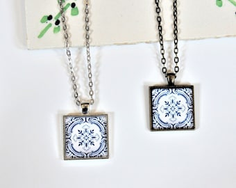 Portuguese Tile Blue White Glass Replica Necklace
