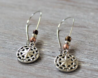 Compass Silver Tone Brown Beads Earrings
