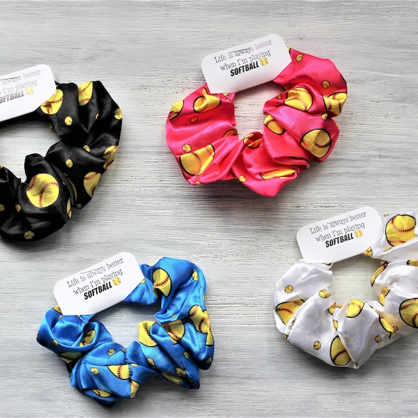 Softball Small Scrunchies-Life is always better when I am playing SOFTBALL-Black-Hot Pink-Blue-White