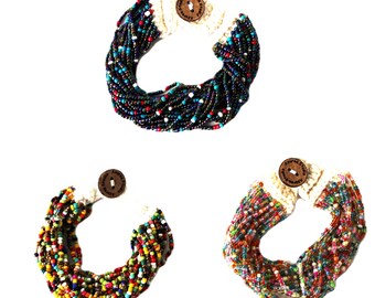 Green Multi-Black Blue Multi-Pastel Multi-Chunky Beaded Crochet Cream Bracelet