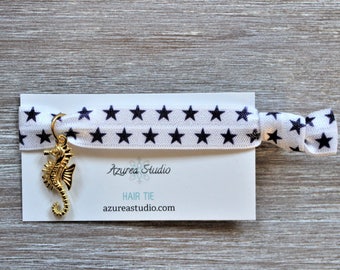 Navy Blue Stars White Seahorse Hair Tie