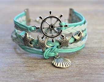 Wheel Starfish Shell Silver Light Blue Turquoise Cord Bracelet