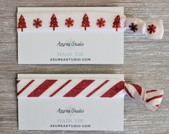 Christmas Red Metallic Trees Snowflake White-Candy Cane Swirl Glitter Red White-Hair Ties