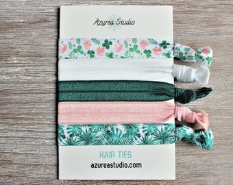 Tropical Leaves Clover Pink Floral-White-Hunter Green-Light Pink-Palm Leaves-Hair Tie Set
