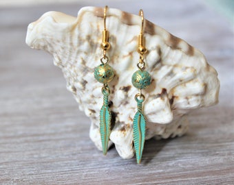 Feather Verdigris Patina Earrings