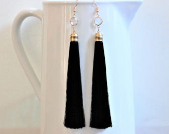 Long Tassel Glass Gold Tone Earrings-Black-Cranberry Red-Tan-Purple-Pine Green