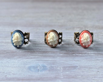 Flower Cameo Ring-Blue-Tan-Pink