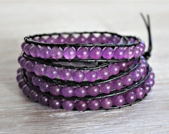 Purple Amethyst Stone Beads Black Wrap Bracelet