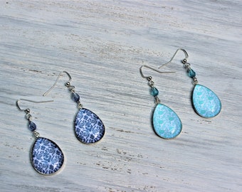 Portuguese Tile Damask Teardrop Glass Replica Earrings-Blue-Turquoise