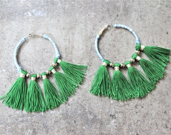 Green Tassels Fan Wrapped Blue White Hoop Earrings