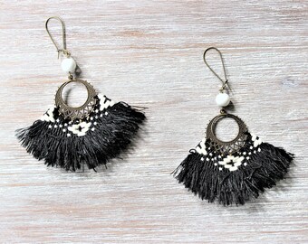 Black White Fan Antique Bronze Earrings