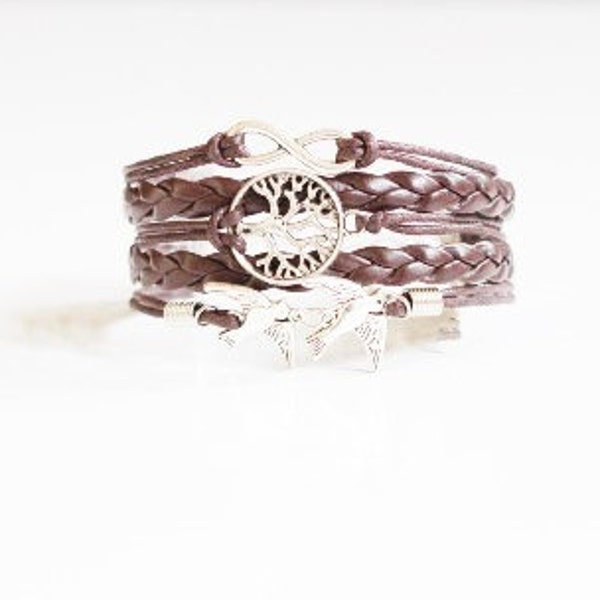 Dark Brown Infinity Tree Birds Cord Bracelet